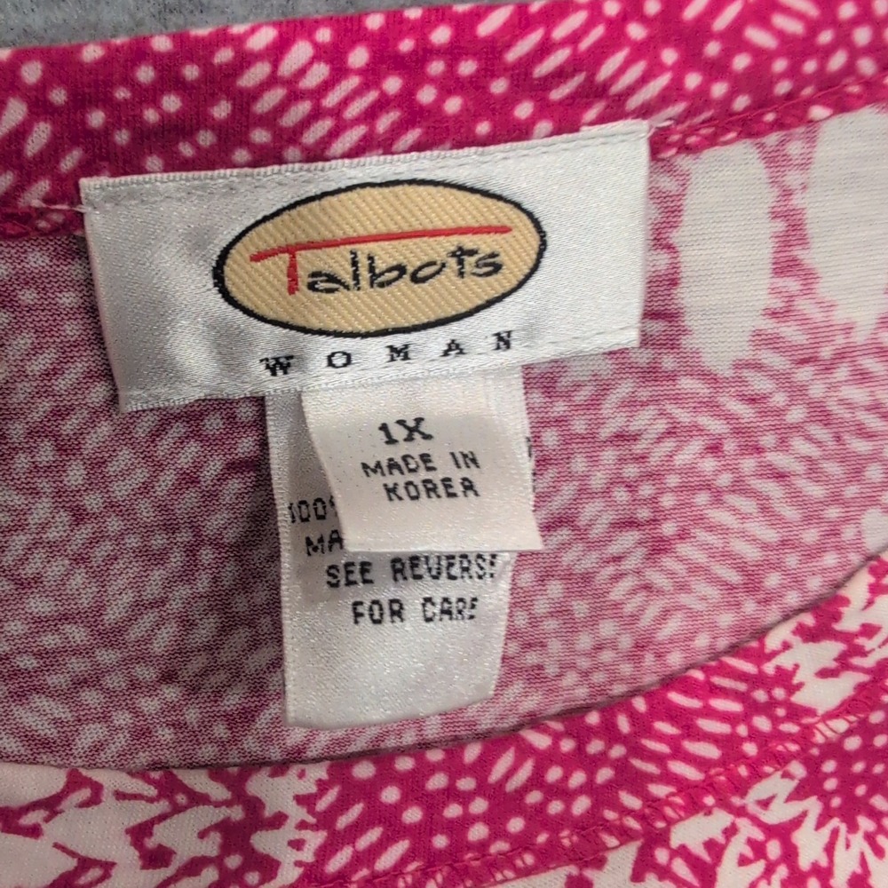 Talbots‎ Woman 1X Pink White Sunburst Floral Print 3/4 Sleeve Cotton Top - Picture 2 of 4